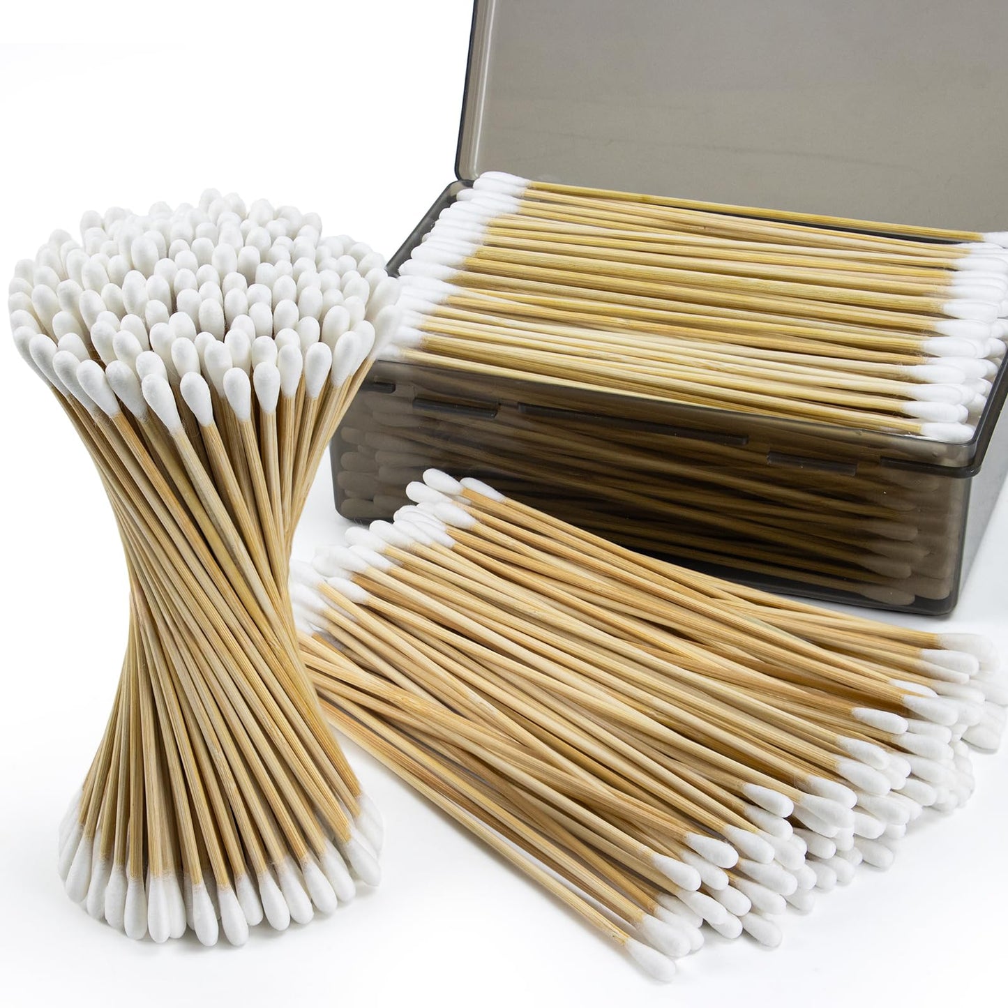 OwnWise Double Tipped Long Cotton Swab 300 Count in Storage Box, 6 Inch Cotton Swabs with Bamboo Sticks, Wooden Cotton Tipped Applicators for Makeup, Home