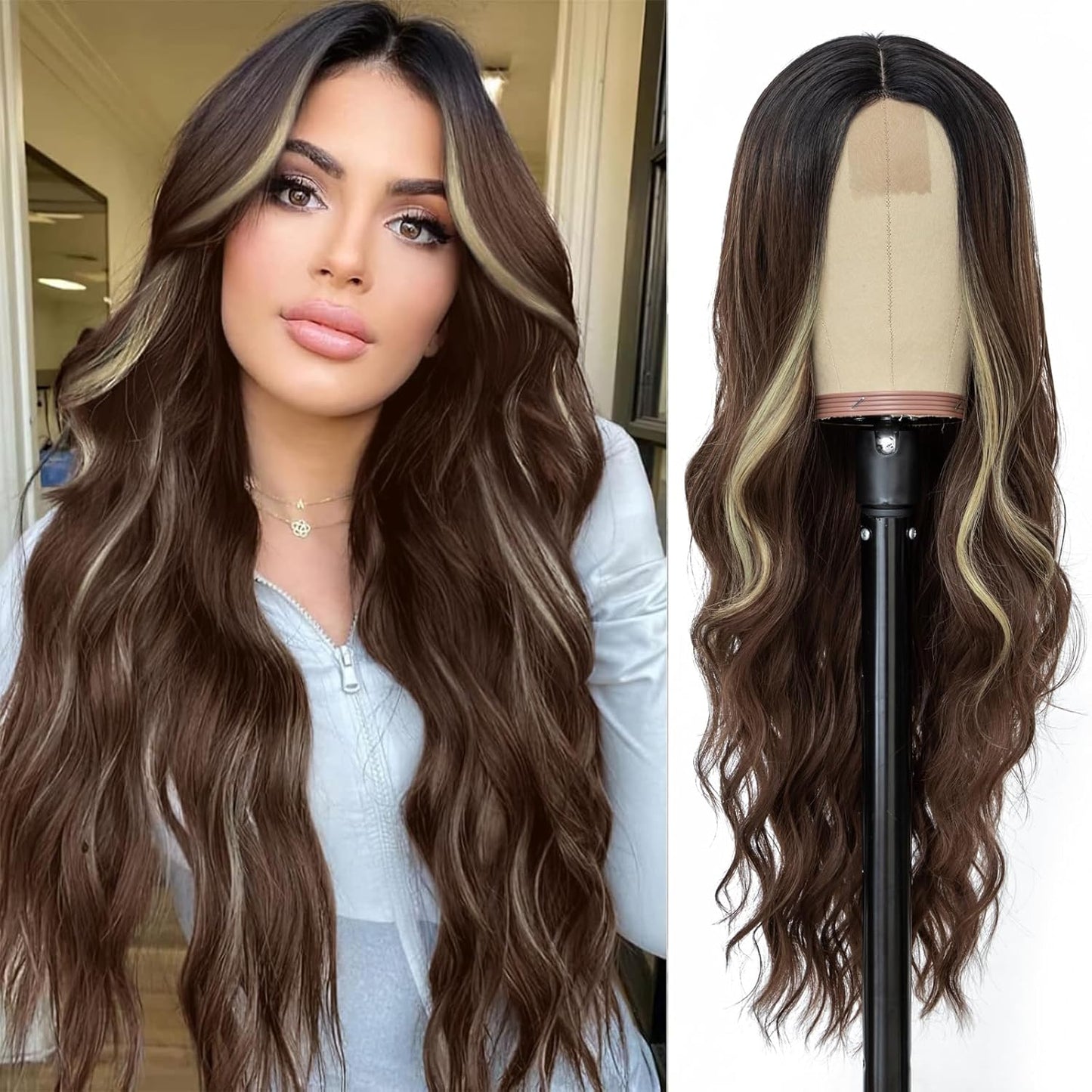 NAYOO Brown Wigs for Women - Long Curly Wavy Hair | Heat Resistant Synthetic Fiber, 24 Inches