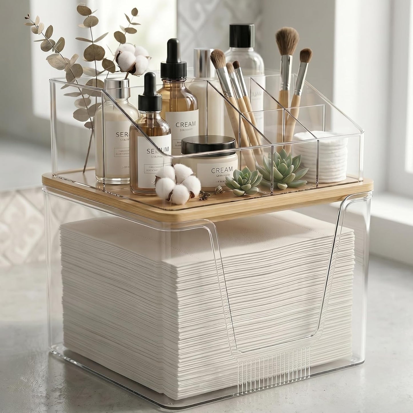 Disposable Facial Towels Holder - Bamboo Lid & Clear Acrylic Organizer | Stackable Vanity Storage for Clean Skin Club Towel XL
