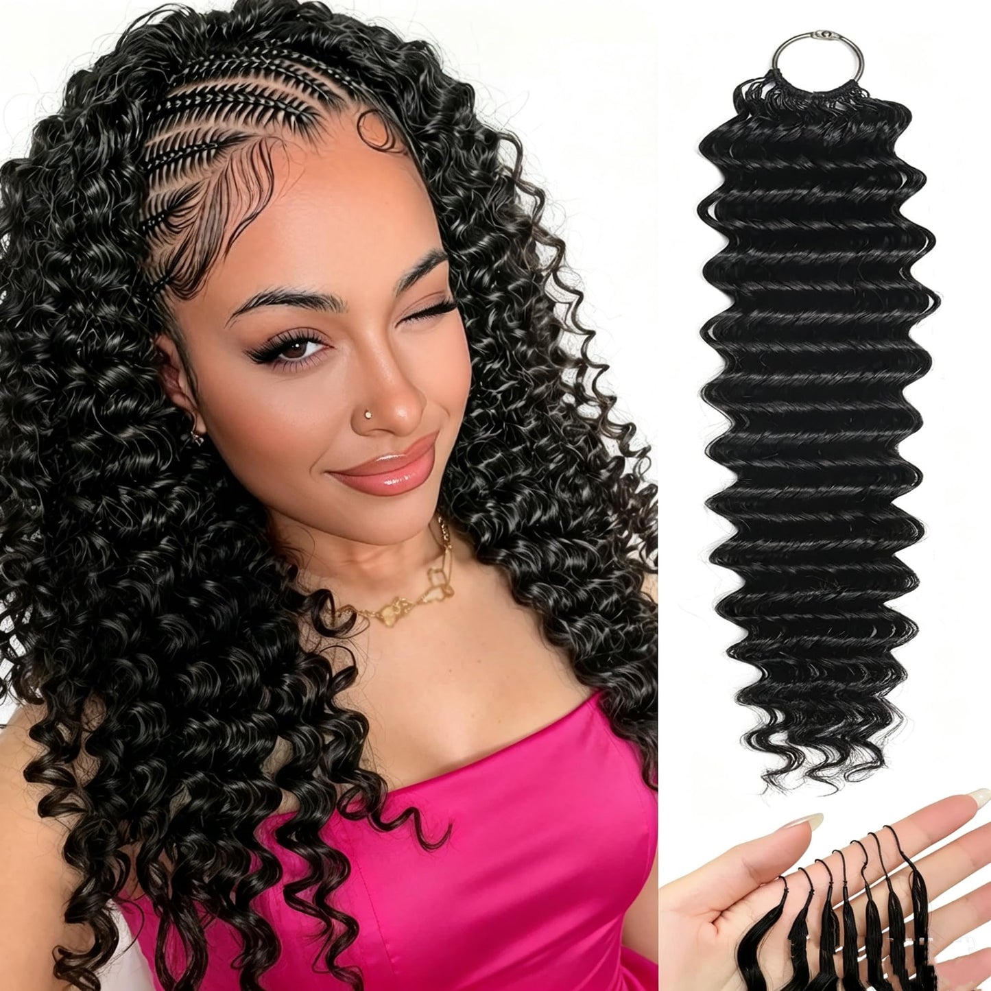 Human Crochet Hair for Black Women 18inch 50g Deep Wave Miracle Knots Crochet Human Hair, Invisible Knots Pre Separated Bundles Hair Extensions for Braiding Natural Colour