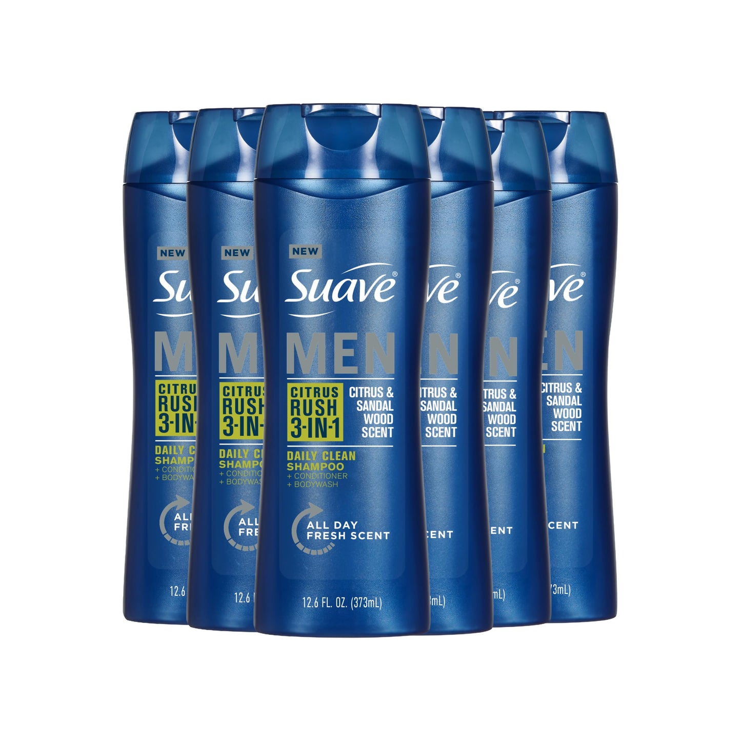 Suave Men Citrus Rush 3-in-1 Shampoo, Conditioner, and Body Wash with Citrus and Sandalwood Scent, Daily Clean, 12.6 oz, 6 Pack