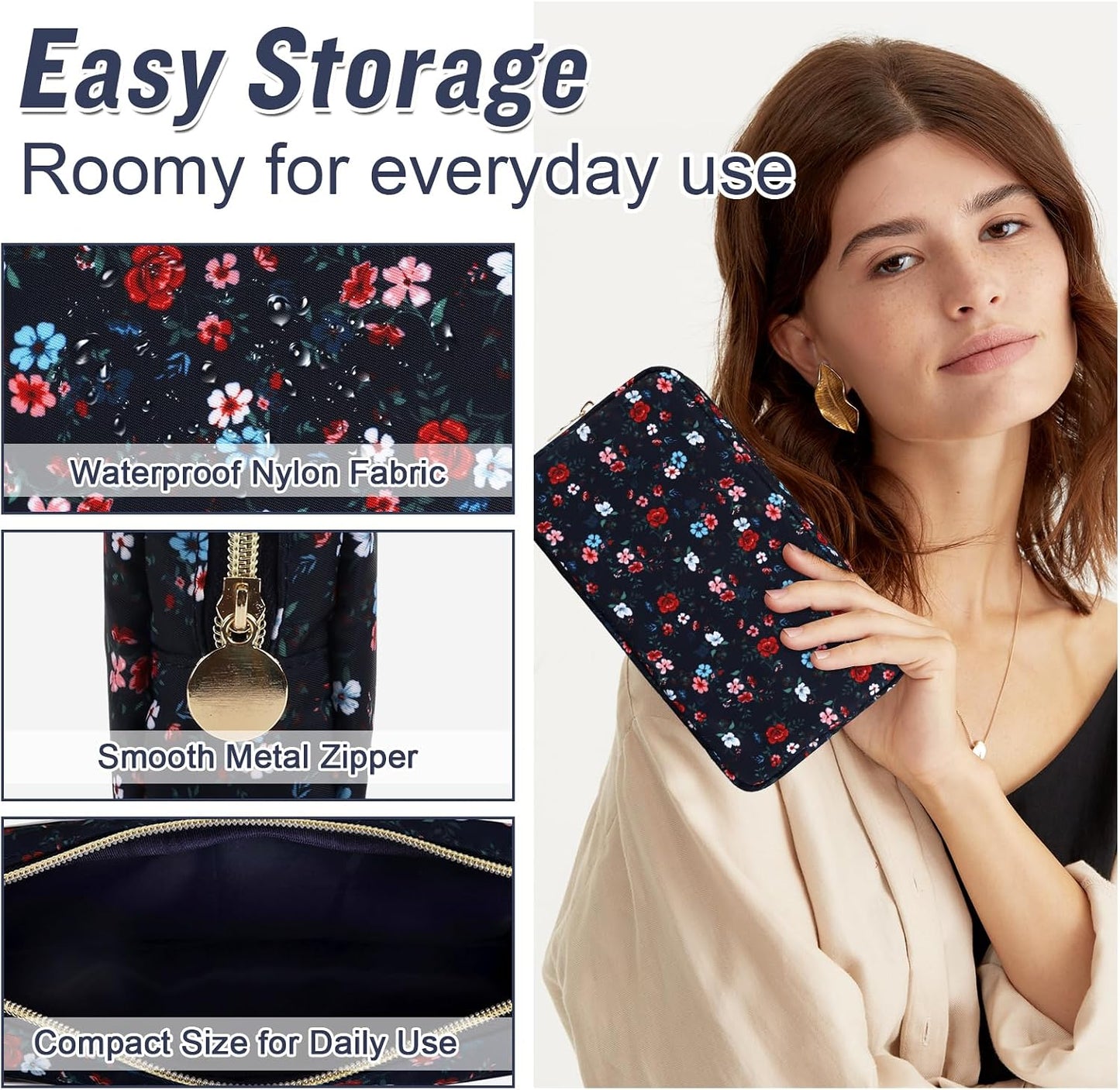 Floral Makeup Bag - Nylon Travel Cosmetic Organizer | Waterproof Zipper Pouch for Women (Green-Daisy)