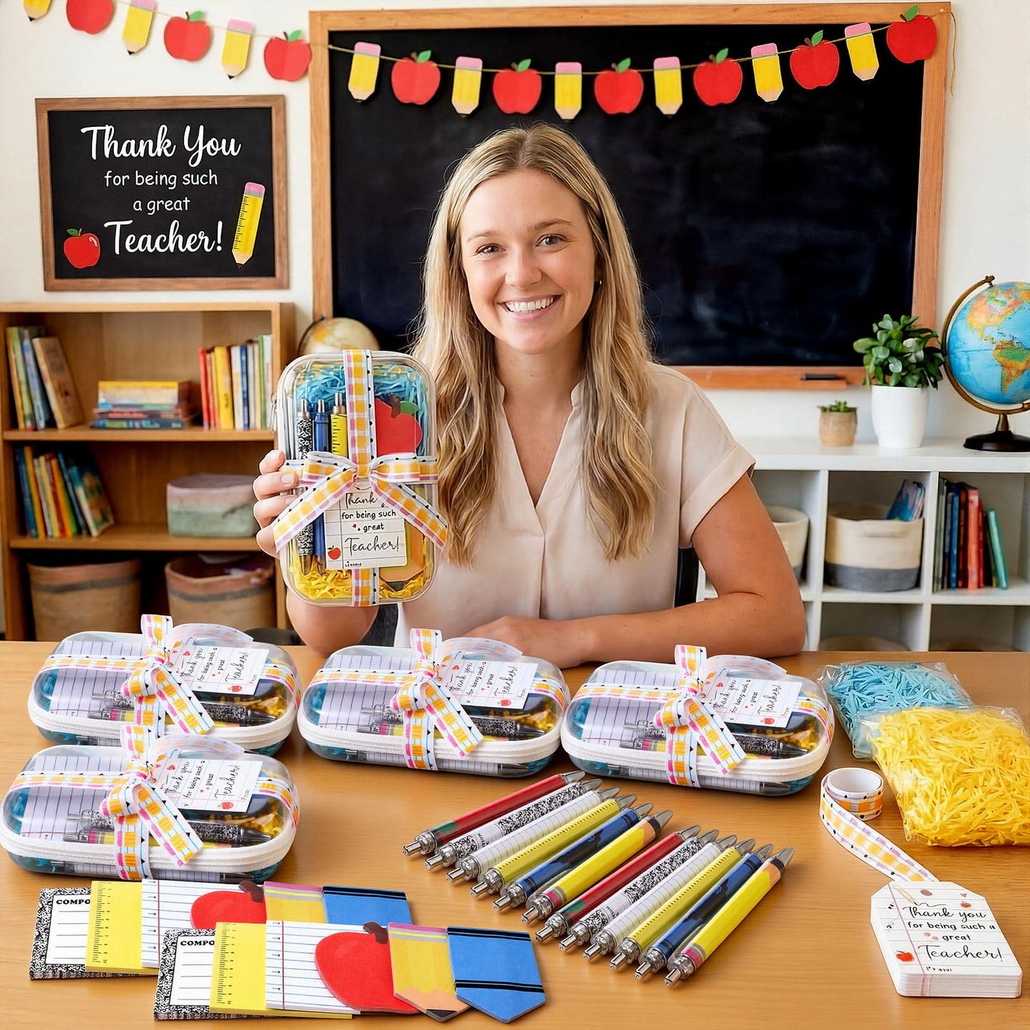 Landhoow 6 Sets/75 Pcs Back to School Teacher Gifts Bulk Set Clear Hard Case Zipper Pouch Pastel Ballpoint Pen & Sticky Notes Blue and Yellow Raffia Adorable Printed Pencil Ribbons with Thank You Card