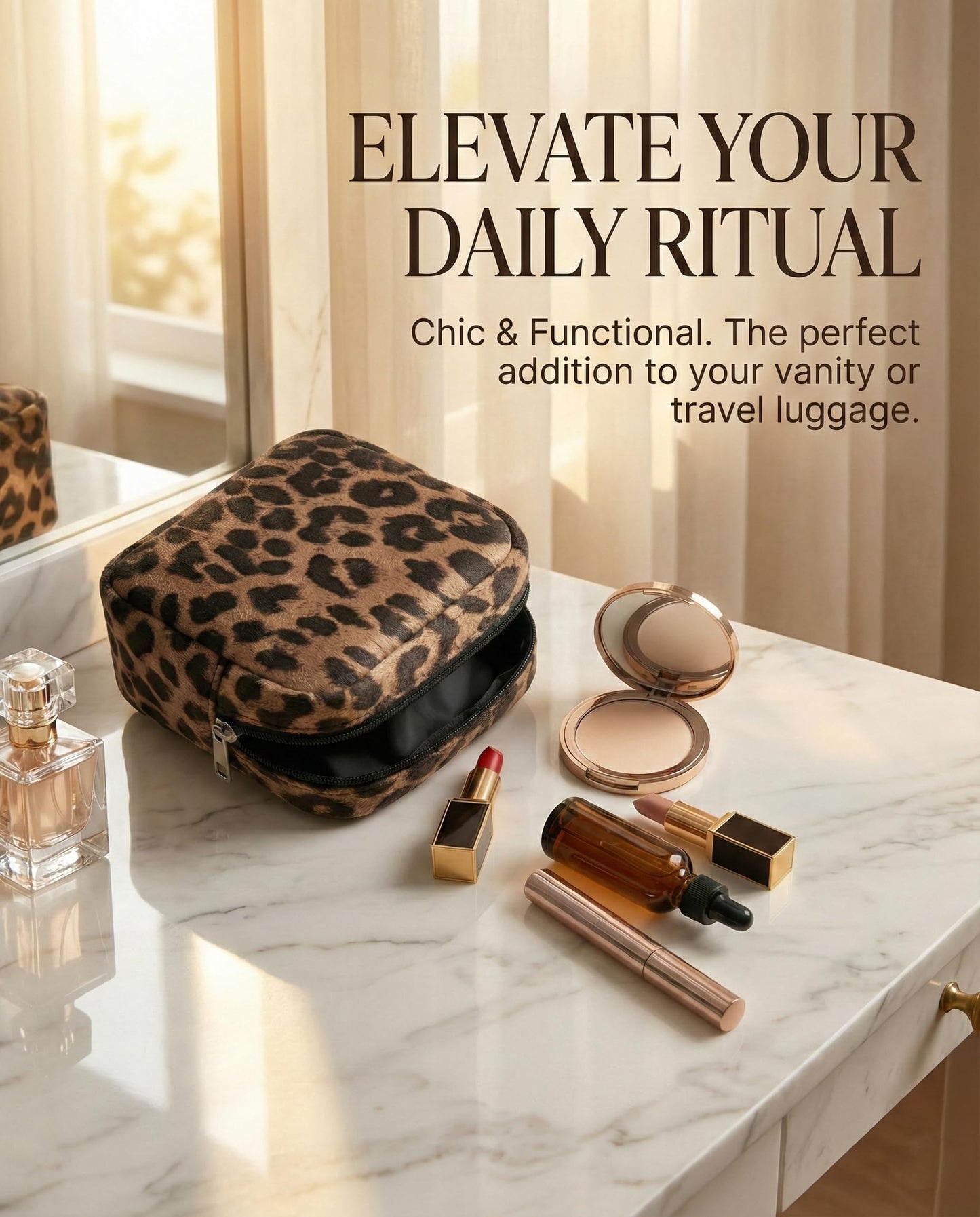 AGBIADD Fabric Leopard Print Makeup Bag Travel Cosmetic Case Soft Toiletry Bag with Zipper, Portable Make Up Organizer Traveling Compact Car Bag for Essentials (Brown)