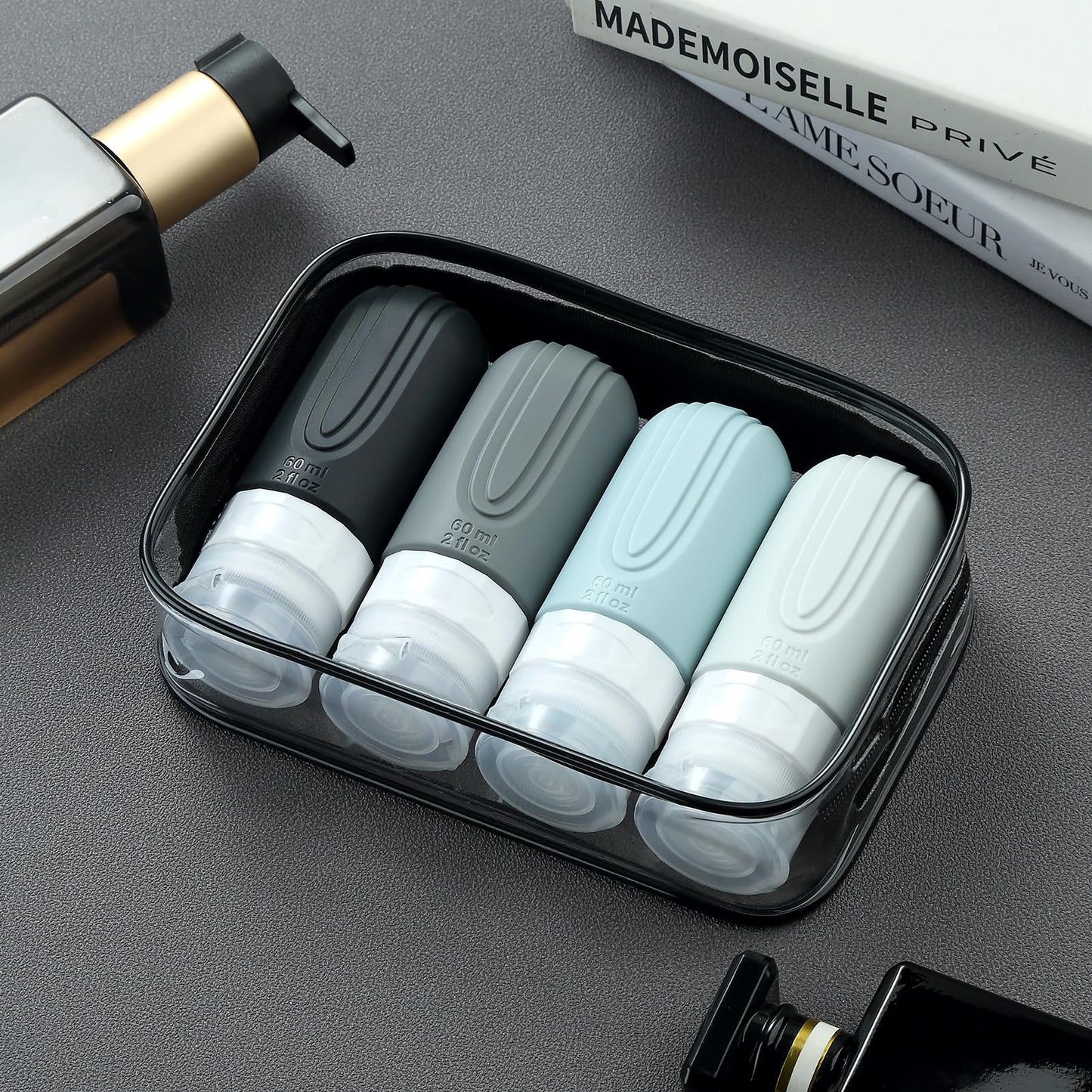 Mrsdry Travel Bottles for Toiletries, Tsa Approved 2oz Travel size Bottles, BPA Free Leak Proof Travels Toiletry Containers, Traveler Accessories with Toiletry Bag for Shampoo Liquid (4 Pack)