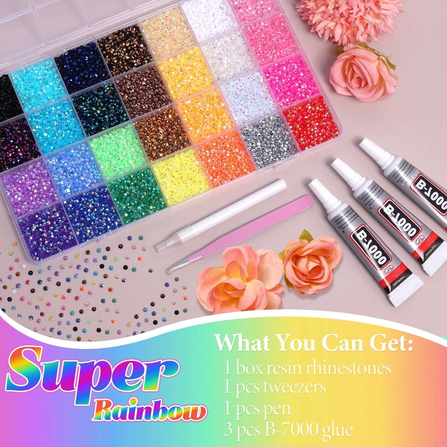 32000Pcs Rhinestones Bedazzling Kit with Tools, 3mm Color Resin Rhinestones for Bedazzling, Flatback Resin Gems for Crafts, Bedazzler Kit for Clothing Shoes DIY Face Makeup Tumblers