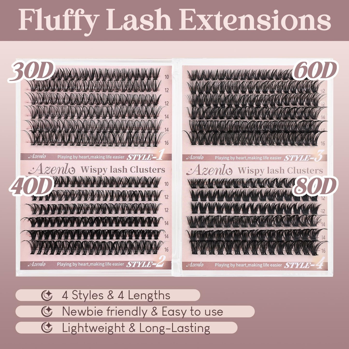 Azenlo Wispy Lash Clusters 30D+40D+60D+80D- 4 Styles 10-16mm DIY Eyelash Extensions, Natural Look Lightweight, Beginner Friendly Reusable 456pcs Individual Lashes for Everyday & Party Use