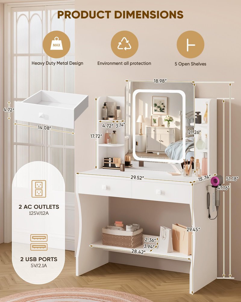 LIVELYGLOW Small Makeup Vanity Desk with Smart LED Mirror & Power Outlet, 29.5" White Vanity Table with Hairdryer Rack, 5 Storage Shelves & 2 Drawers, Compact Dressing Table for Small Spaces
