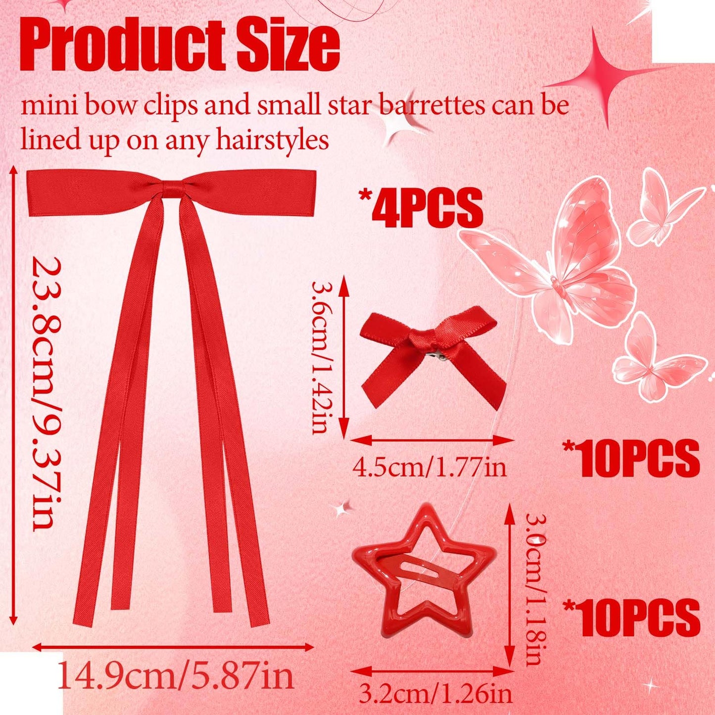 STGDAK Valentine's Day Red Hair Bows Cute Star Barrettes Small Bow Clips Satin Hair Ribbon Long Tail Stylish Star Clip Y2k Bowknot Barrette Kawaii Hairpins Coquette Accessoires For Girls Women