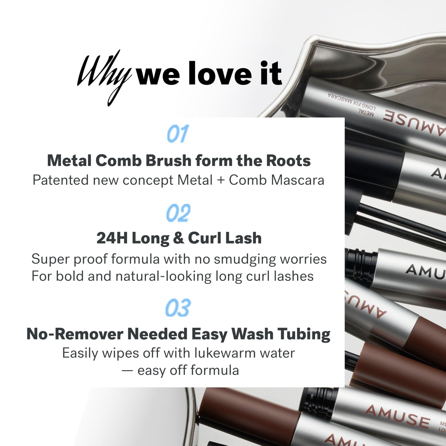 AMUSE SEOUL Long Fix Metal Mascara (01 BLACK) - Tubing Mascara, Smudge Proof, Clump Free, Flake Proof, 2 in 1 Comb Iron Wand, Defining, Curling, Volumizing, Superproof, Vegan, Korean Makeup