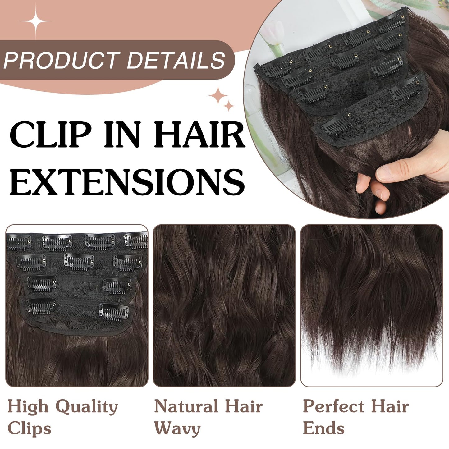 NAYOO 4PCS Brown Clip in Hair Extensions Long Wavy Curly Synthetic Thick Hairpieces for Women with Fiber Double Weft Hair Full Head（20 inch, Brown）
