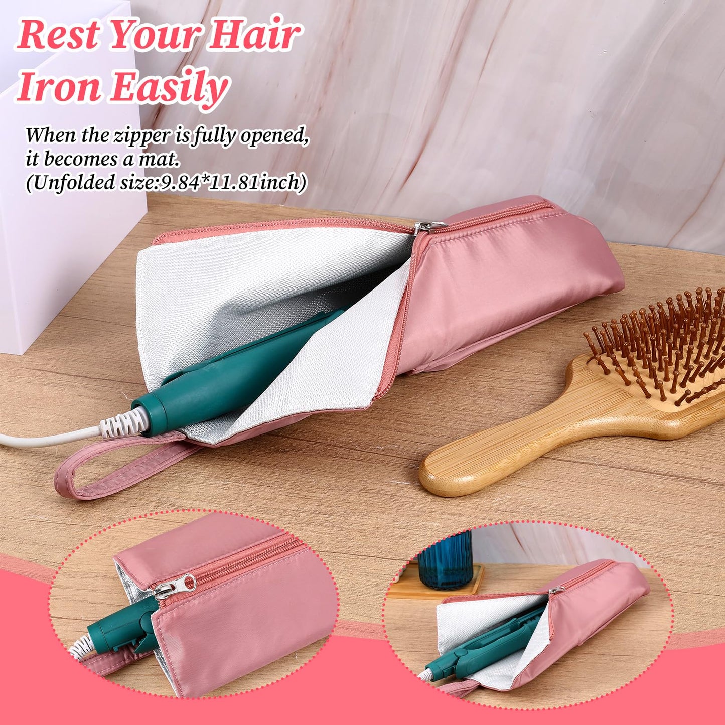 Gsbnjuy Hot Iron Holder Hot Tools Organizer Heat Resistant Mat Case Portable Hair Styling Tools Cover Pouch Hair Straightener Travel Bag with Zip for Curling Flat Iron Home Travel Pink