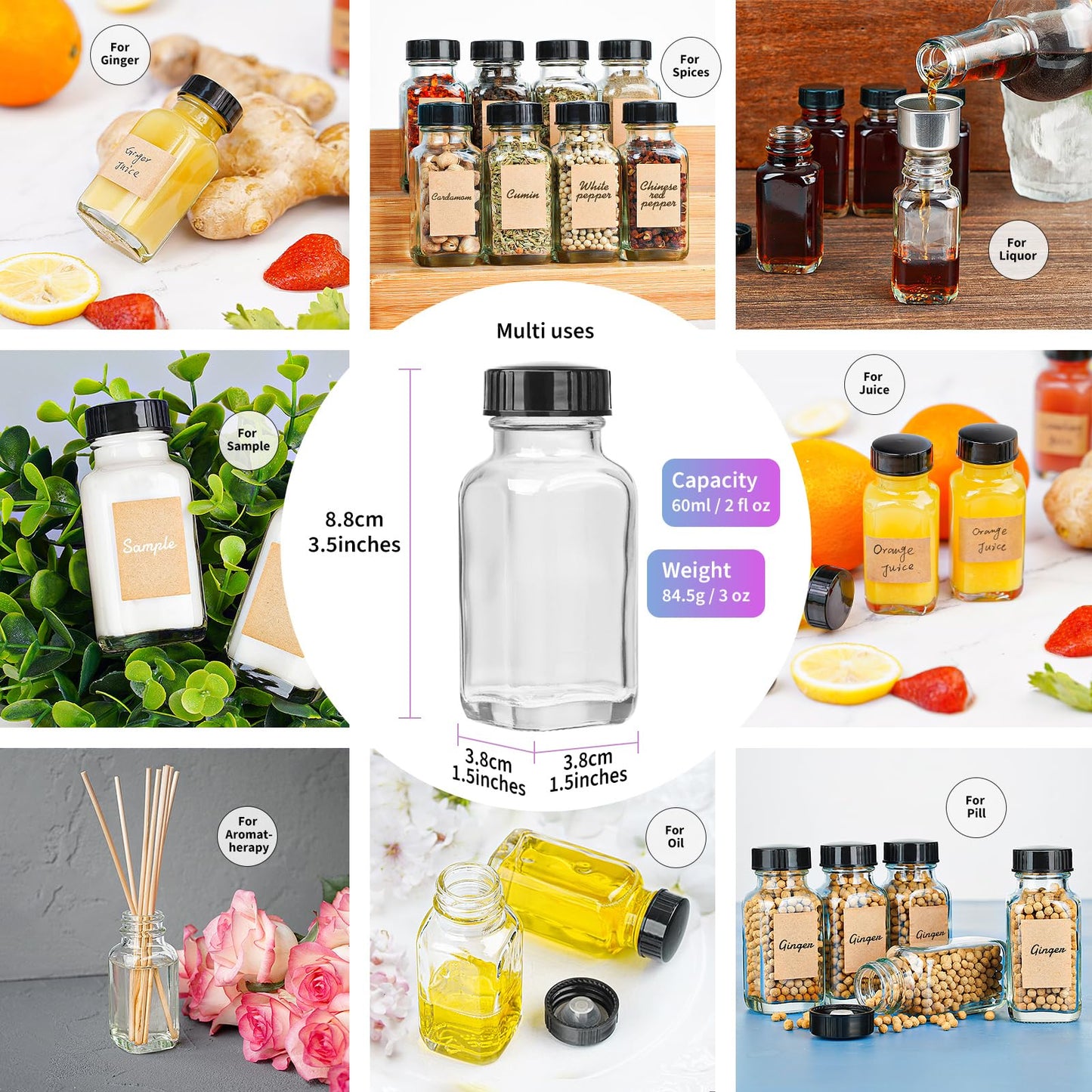 Syntic Clear Reusable Ginger Shot Bottles with Caps - 8 Pack 2 oz Small Square Glass Jars with 8 Sealed Conical Inner Caps & 8 Airtight Lids, Wide Mouth Juice bottles for Fridge, Extra Sticker, Funnel