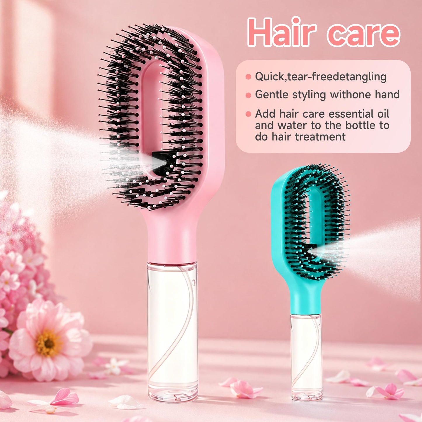 2-in-1 Manual Spray Hair Brush with Refillable Water Tank, Detangling Mist Comb for Fine Hair, Curly Hair and Kids, Travel Use, Pink