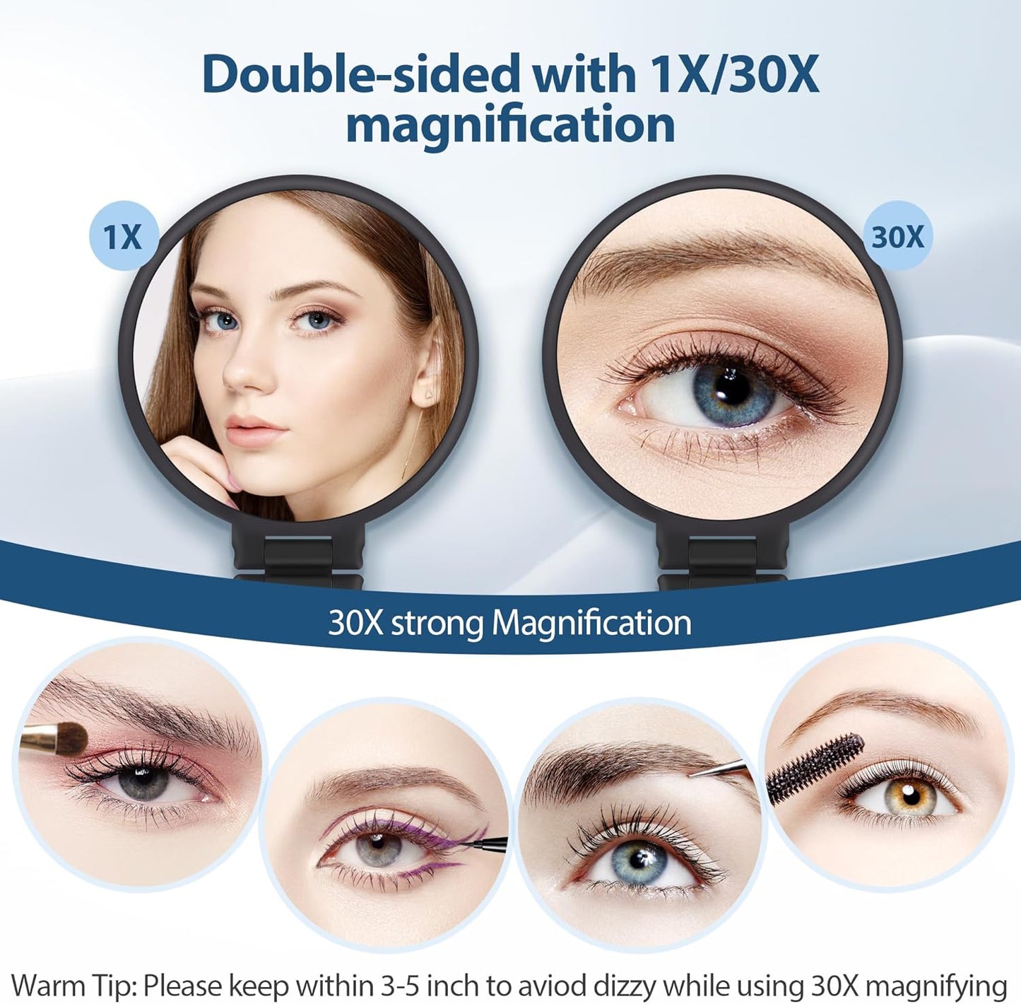 30X Magnifying Hand Mirror - Double-Sided Portable Makeup Mirror | Travel Essential in Black