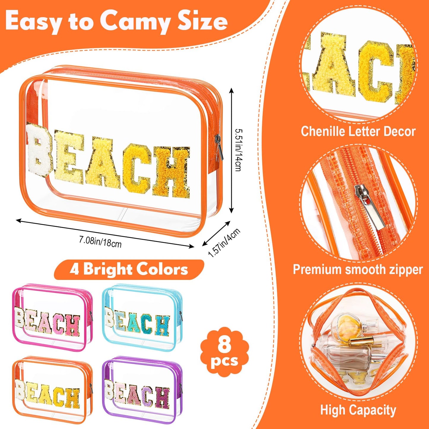 Kacctyen 8 Pcs Clear Makeup Bag Bulk Summer Beach Sunscreen Pouch Waterproof Toiletry Cosmetic Zippered Organizer with Preppy Chenille Letter Patch (Beach,Clear,Blue,Purple,Rose Pink,Orange)