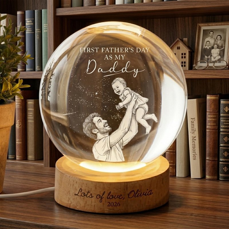 Evamall Custom First Father's Day Photo Crystal Ball Night Light, Personalized Dad Gift New Dad Gift 1st Fathers Day Present from Baby Keepsake, Daddy Papa