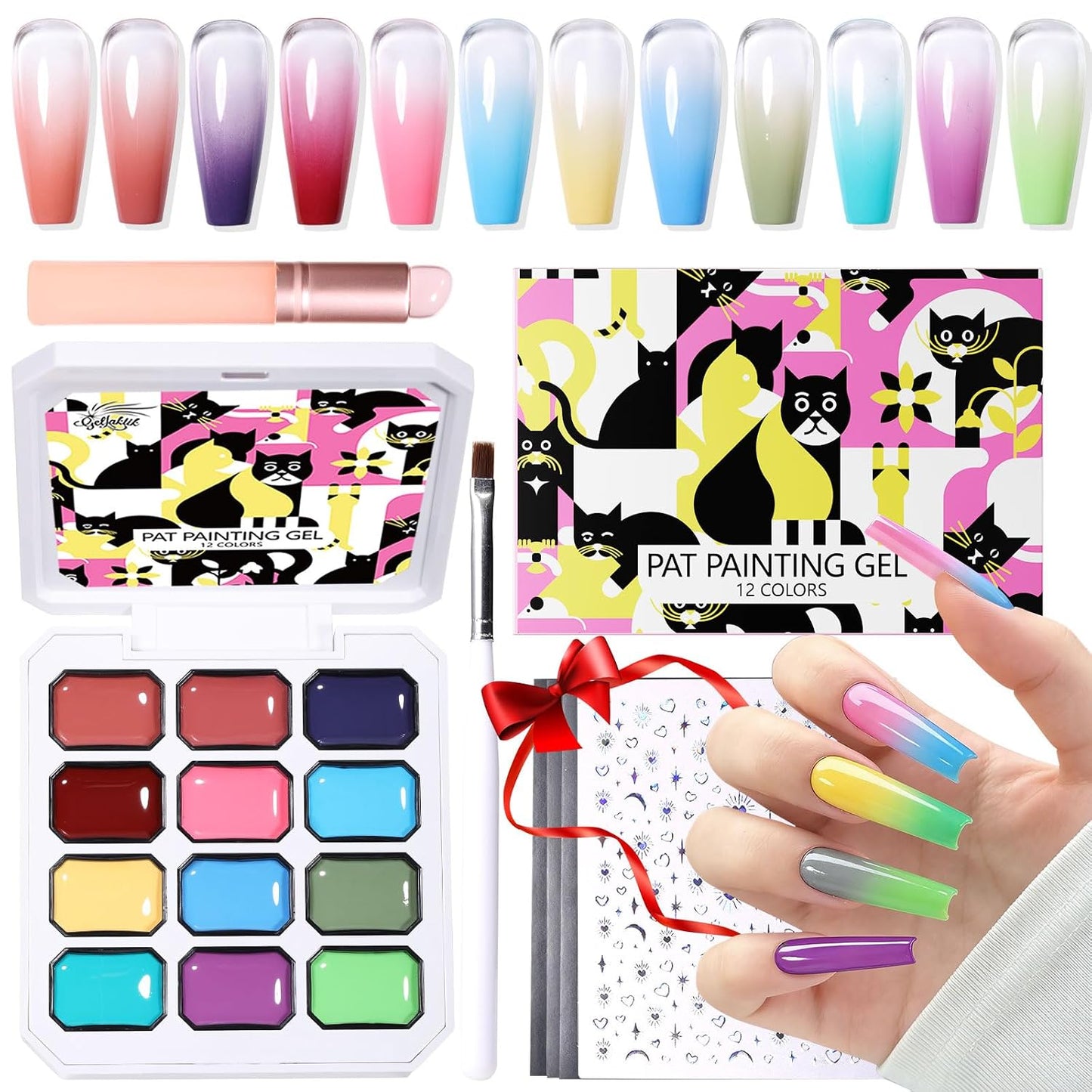 Ombre Nail Gel Polish Kit - 12 Color Patting Palette with Brush & Stickers | UV/LED Curing for DIY Manicure