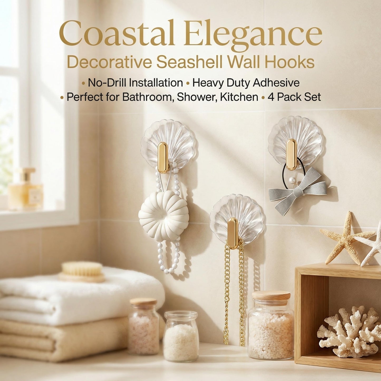 4 Pack Seashell Adhesive Wall Hooks, Decorative Shell Hangers for Towels Keys Jewelry, Heavy Duty No-Drill Hooks for Bathroom Shower Kitchen, Coastal Home Decor Gift (Clear with Gold Hook)