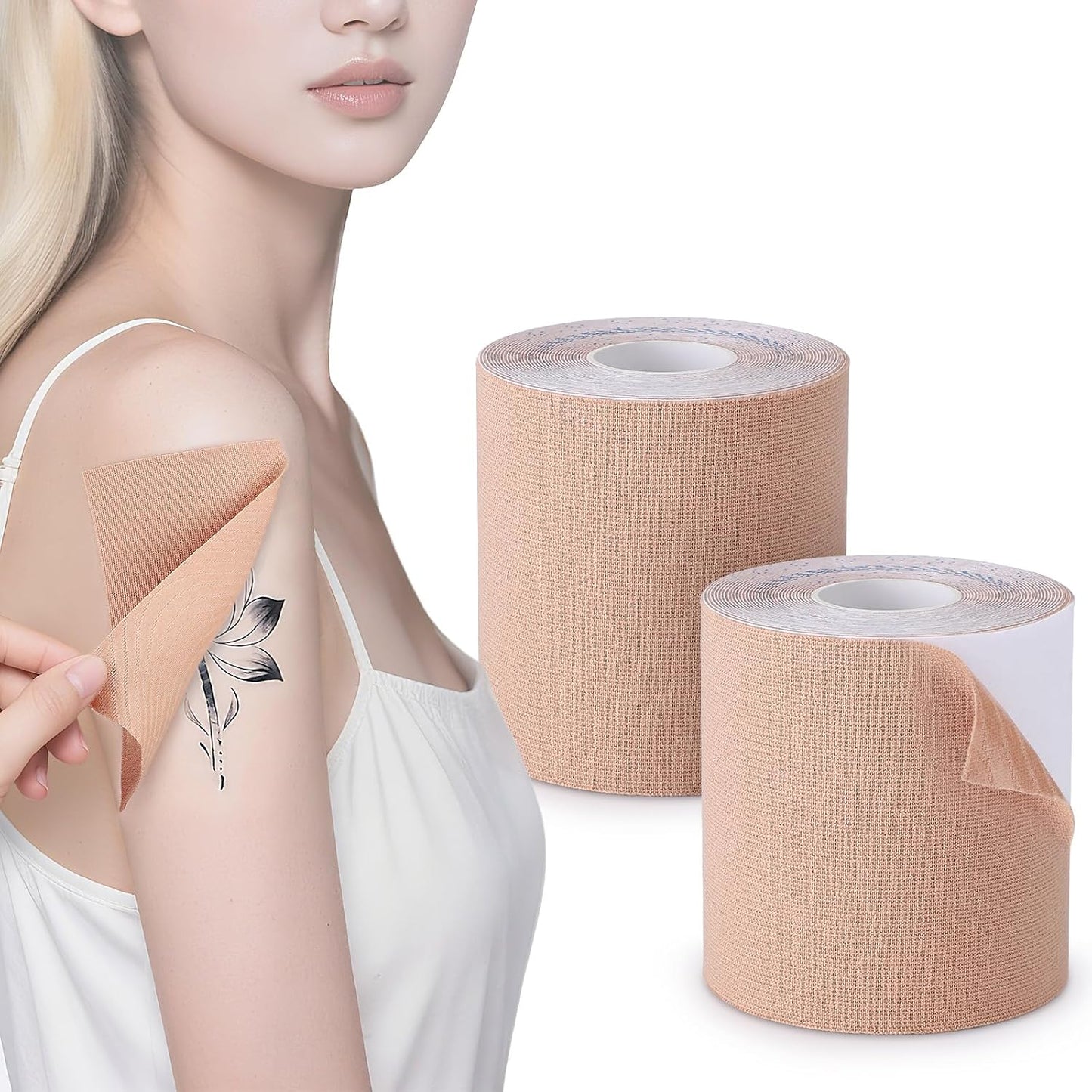 Tattoo Cover Up Tape - 2 Rolls of 3"x16.4ft Water-Resistant Skin Tone Patches | Conceal Tattoos, Scars & Birthmarks - Light Tan