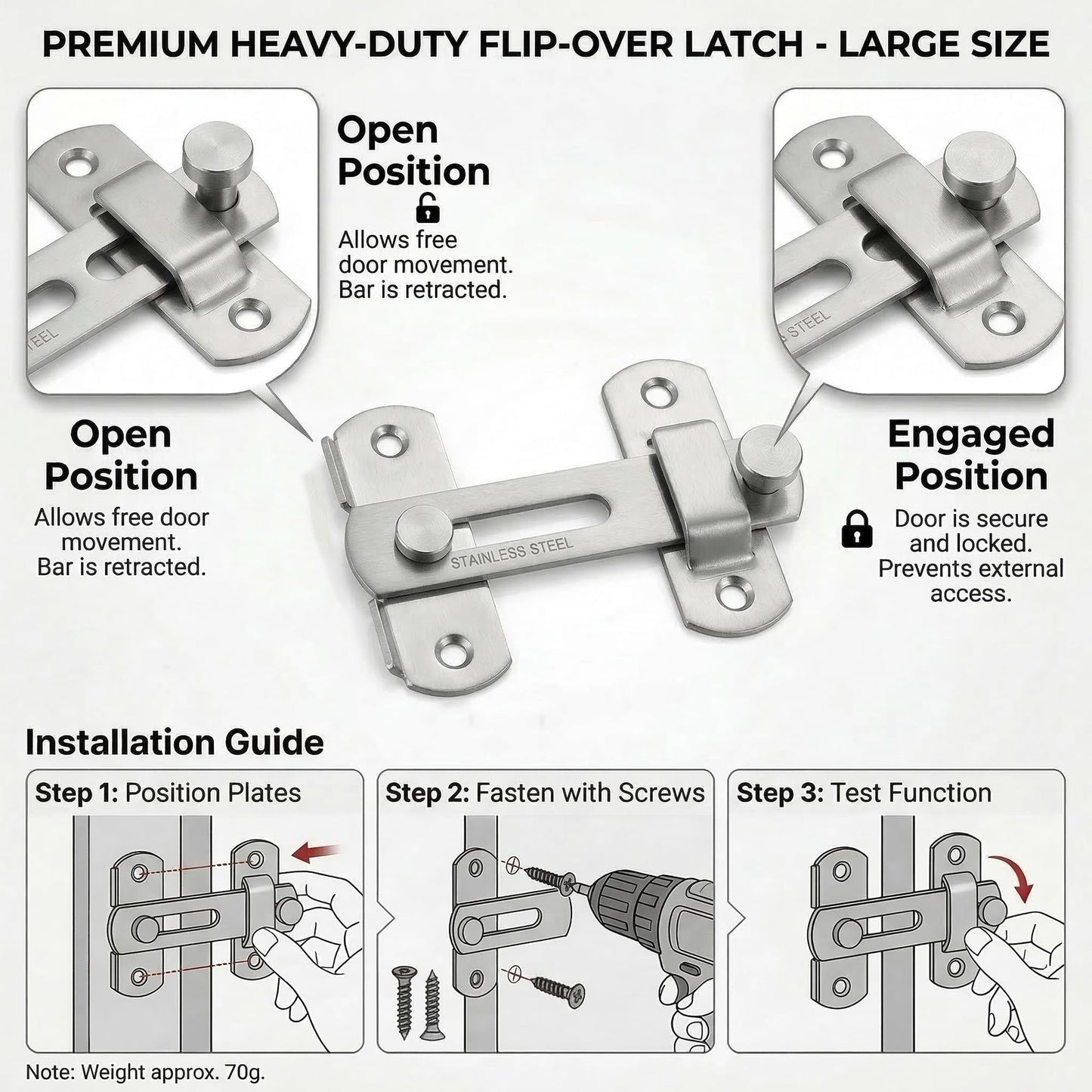 2 Pack Flip Latch Gate Latches, 4 Inch SUS304 Stainless Steel Safety Door Locks for Barn Doors, Wood Fence, Sliding Doors and French Doors, Heavy Duty Gate Hardware,Silver