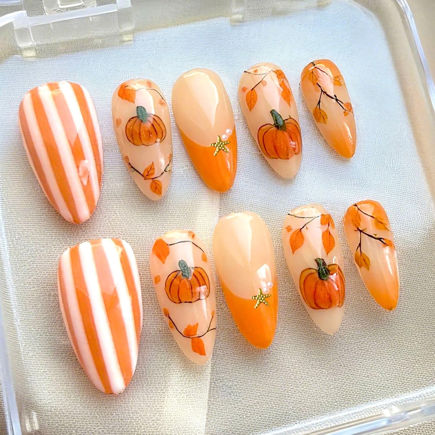 French Tip Press-On Nails - 24 Pcs Medium Almond with 3D Flower & Gold Rhinestones | Full Cover Nude Artificial Nails