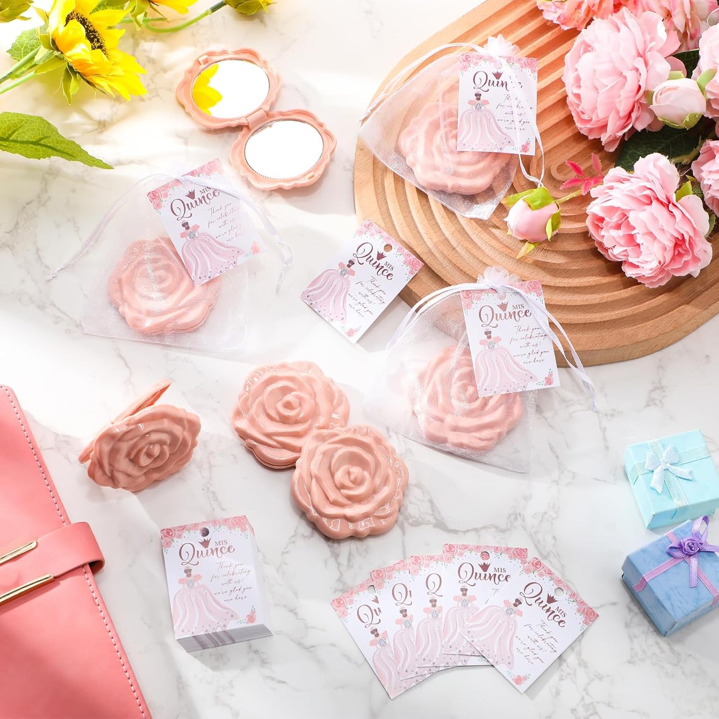 Quinceanera Party Favors - Rose Design Compact Pocket Mirrors with Thank You Cards & Organza Bags | Pink