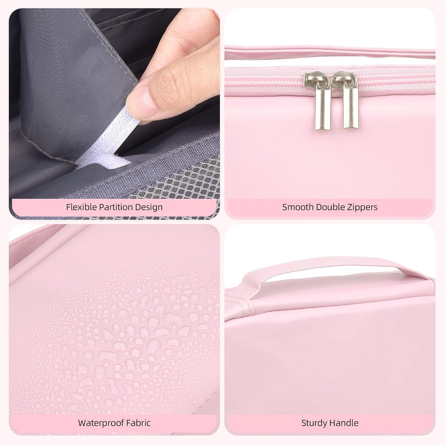 Portable Leather Makeup Bag - Waterproof Travel Cosmetic Organizer with Compartments | Large Capacity - Pink