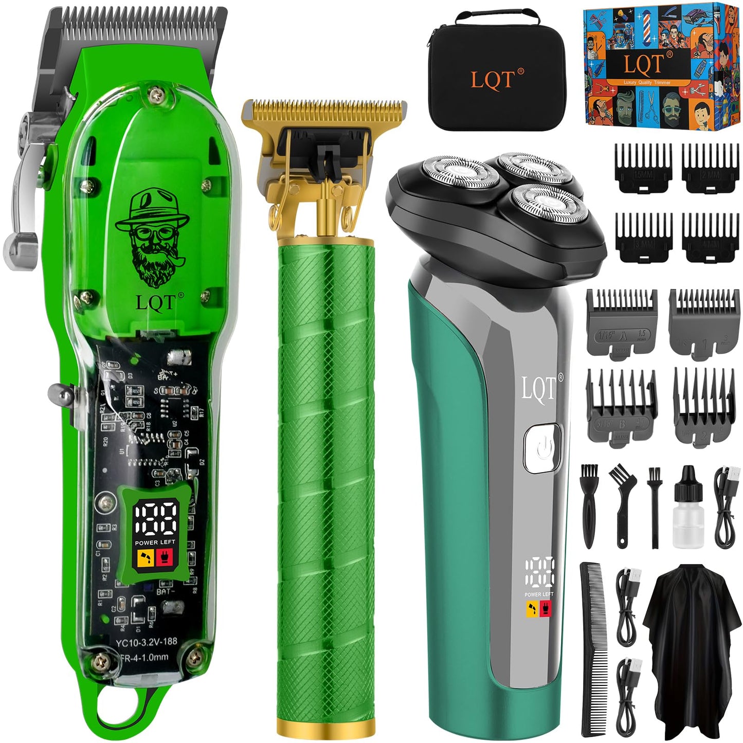 LQT Professional Cordless Hair Clippers and Beard Trimmer Kit for Men, USB Rechargeable Hair Cutting Machine with 3D Floating Shaver, LED Display, Transparent Design, Grooming Gift Set, Home & Barber