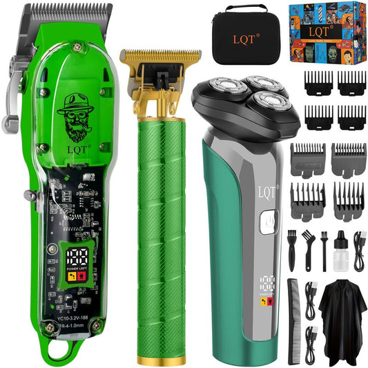 LQT Professional Cordless Hair Clippers and Beard Trimmer Kit for Men, USB Rechargeable Hair Cutting Machine with 3D Floating Shaver, LED Display, Transparent Design, Grooming Gift Set, Home & Barber