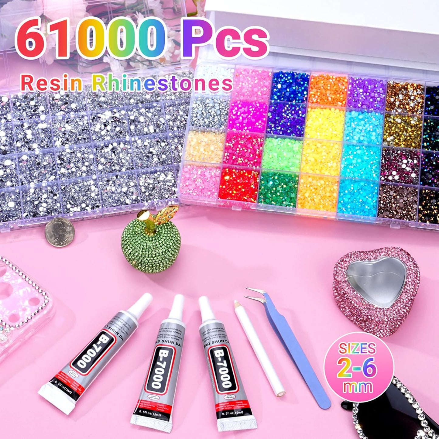 Jelly Rhinestones Kit - 61000 Pcs Multicolor & Silver Flatback Gems | 3mm, 2/3/4/5/6mm for Crafting & Bedazzling