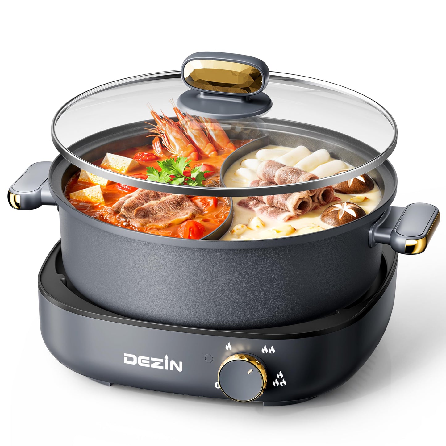 Dezin Hot Pot Electric with Divider, 4L Dual-Flavor Electric Shabu Shabu Pot, Removable Nonstick Pot Easy to Clean, Multi-Power Control for Family & Friends Gathering, Silicone Ladle Included