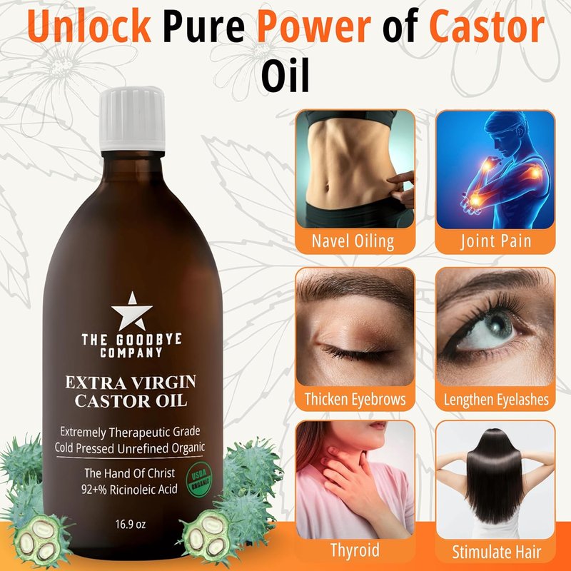 USDA Organic Cold-Pressed Castor Oil - Extra Virgin, Hexane-Free | 16.9 oz Amber Glass Bottle for Hair, Skin & Lashes