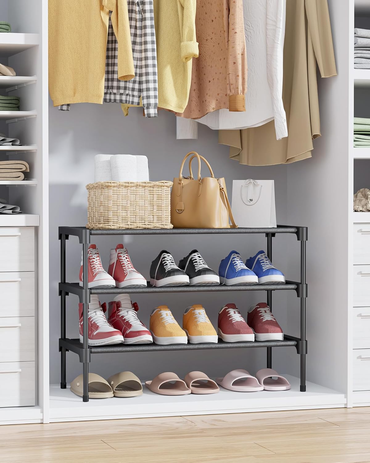 Kitsure Shoe Rack | Non-Woven 3-Tier Shoe Organizer for Closet & Entryway - 27.5" Wide, Black