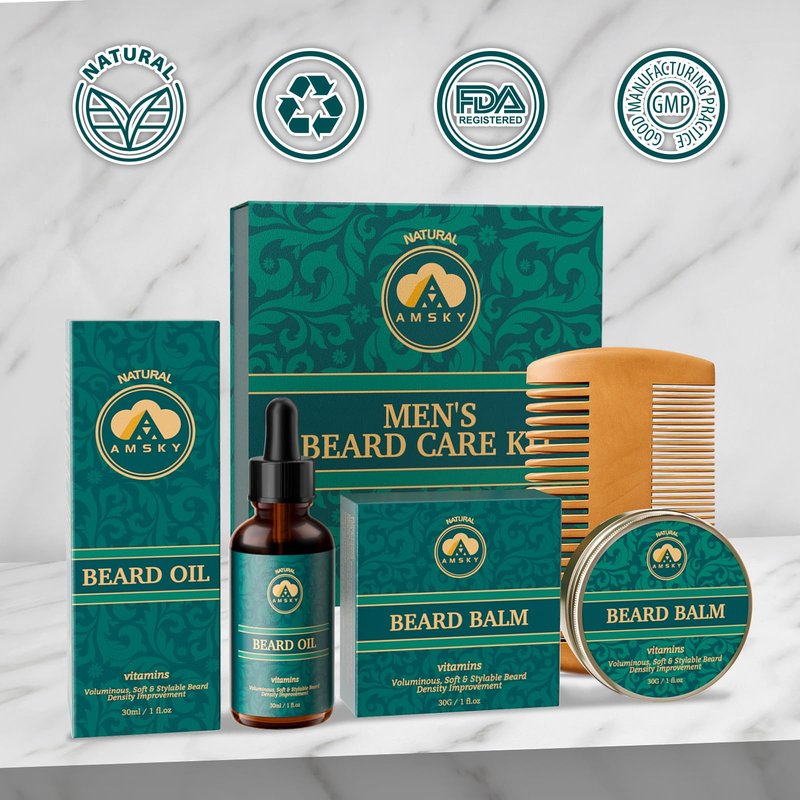 AMSKY Men's Beard Kit with Biotin-Infused Beard Oil and Balm, Complete Men's Care & Grooming Set, Great Value & Thoughtful Gifts for Him, Husband, Boyfriend, Dad