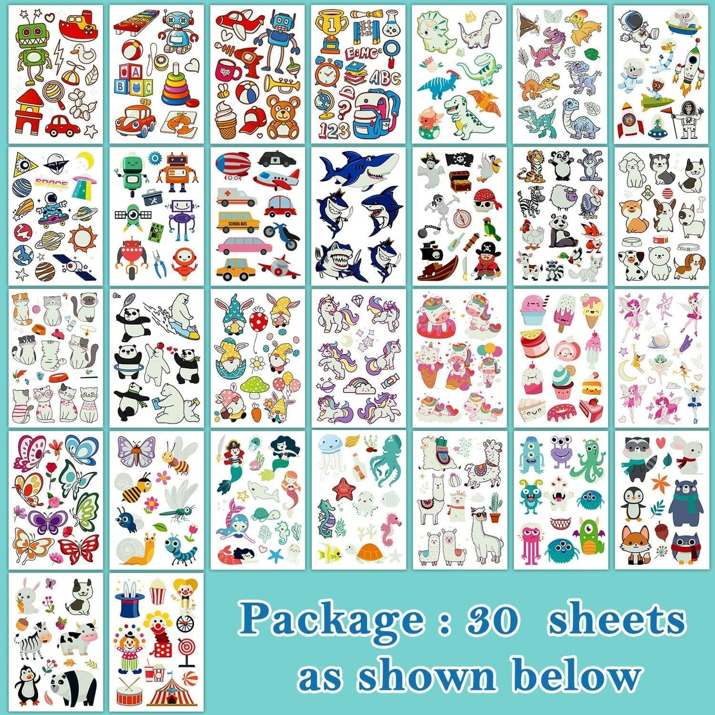 Partywind 380 Styles (30 Sheets) Luminous Tattoos for Kids, Mixed Styles Temporary Tattoos Stickers with Mermaid/Dinosaur/Space/Pirate for Boys and Girls, Glow Party Supplies