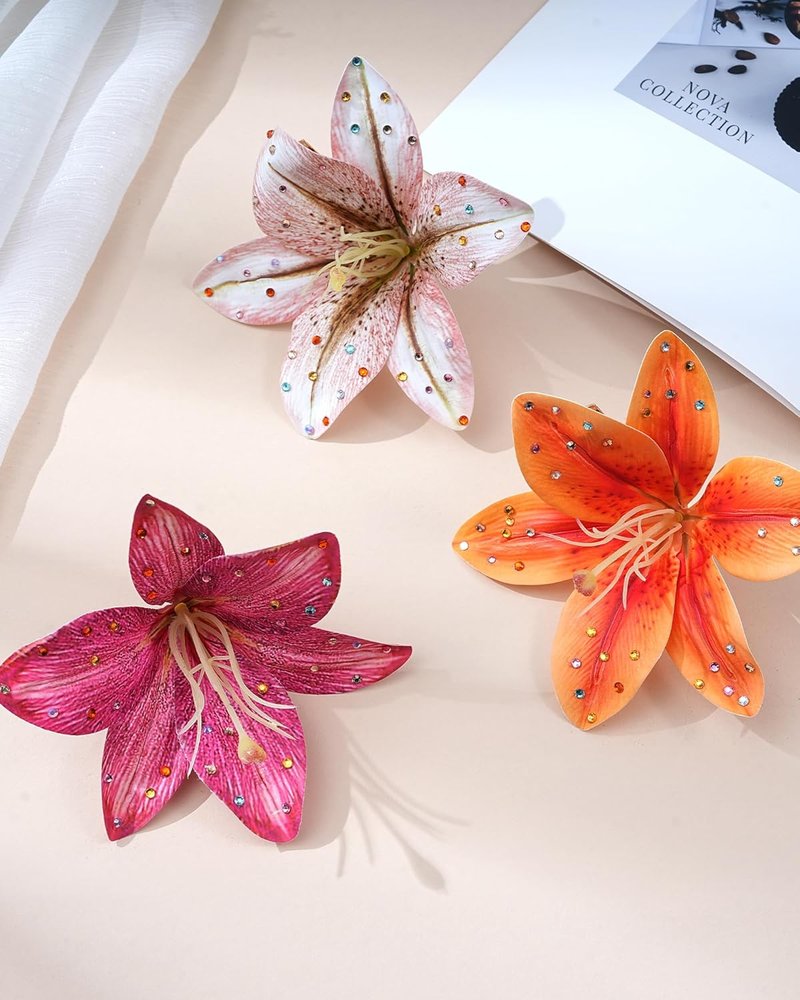 Hawaiian Flower Hair Clips - 3 Pack Tropical Orchid Hair Pins | Rhinestone Accessories for Weddings & Beach Parties (Orange Lily)