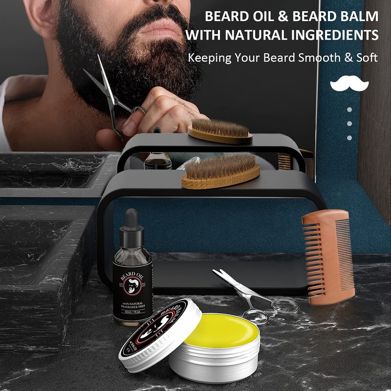 Fathers Day Dad Gifts, Beard Kit for Men, Beard Growth and Grooming Kit w/Beard Oil Beard Balm Beard Brush Beard Comb Beard Scissors, Birthday Gifts for Men Husband Him Grandpa Boyfriend Son Brother
