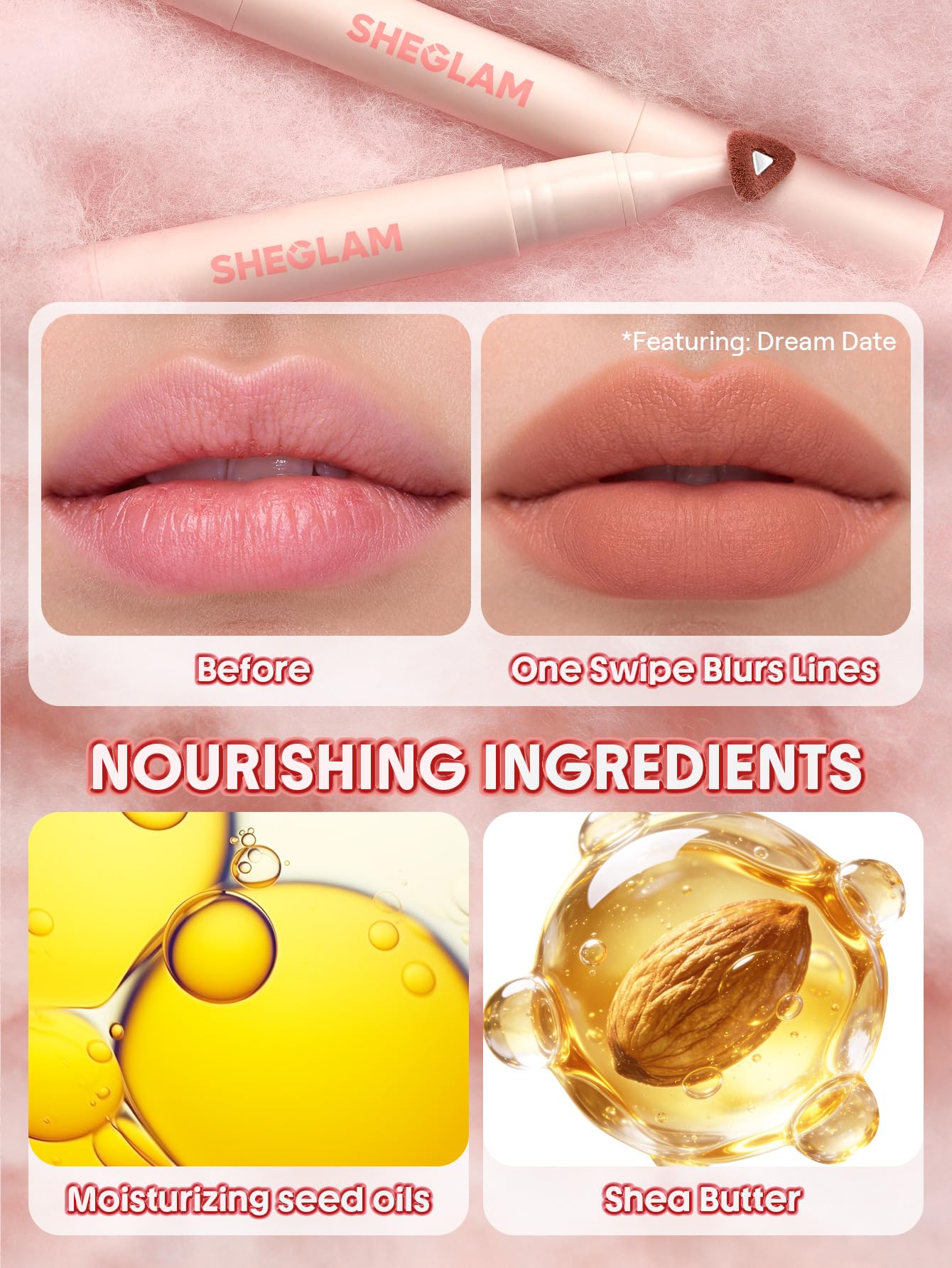 SHEGLAM Marshmallow Puff Lip Blur Pen Matte Lipstick for Long-lasting Hydrating Lip Makeup-002 Gotcha