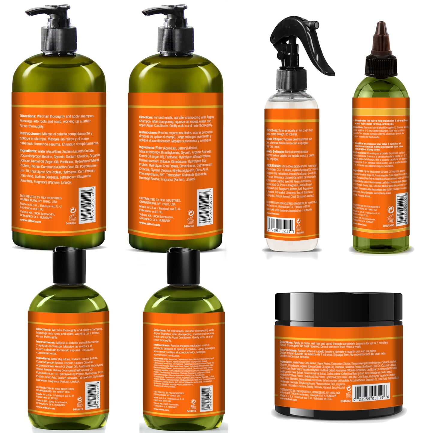 Difeel Argan Hydrating Shampoo & Conditioner Collection - 8 Piece Set, Includes Hair Oil, Mask, Leave in Spray, Travel Size - Sulfate Free, Paraben Free, Phthalate Free, Color Safe