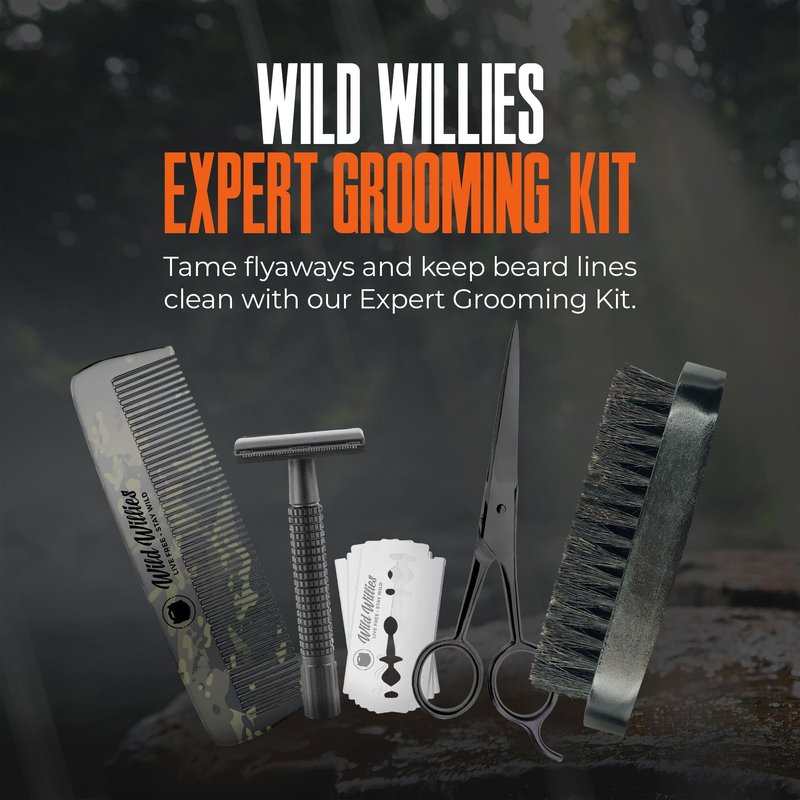 Wild Willies Expert Beard Grooming Kit, 5-Piece Gift Set - Includes Beard Comb, Boar Bristle Beard Brush, Safety Razor, 5 Double Edge Razor Blades & Grooming Shears - Beard Kit for Daily Use for Men