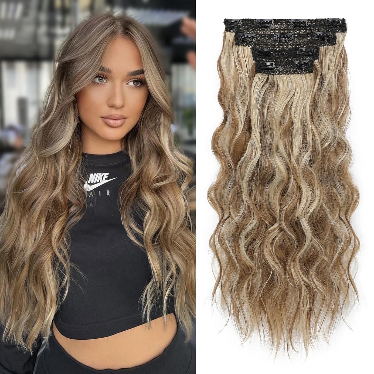 REECHO Clip-In Hair Extensions - 24" Thick Blonde Beach Waves | Invisible Lace Weft, Natural Soft Hairpieces for Women