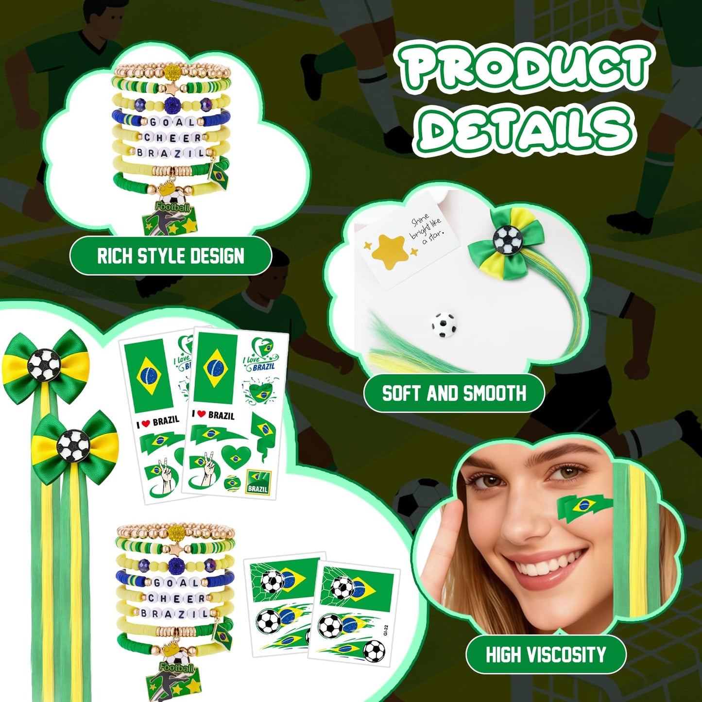 Ksheria 2026 Soccer BRAZIL Adult Supporter Kit – 7PCS National Team Fan Accessories with Wig Hair Clip, Bracelets & Patriotic Face Decals for Stadium Events & Game Day (BRAZIL)