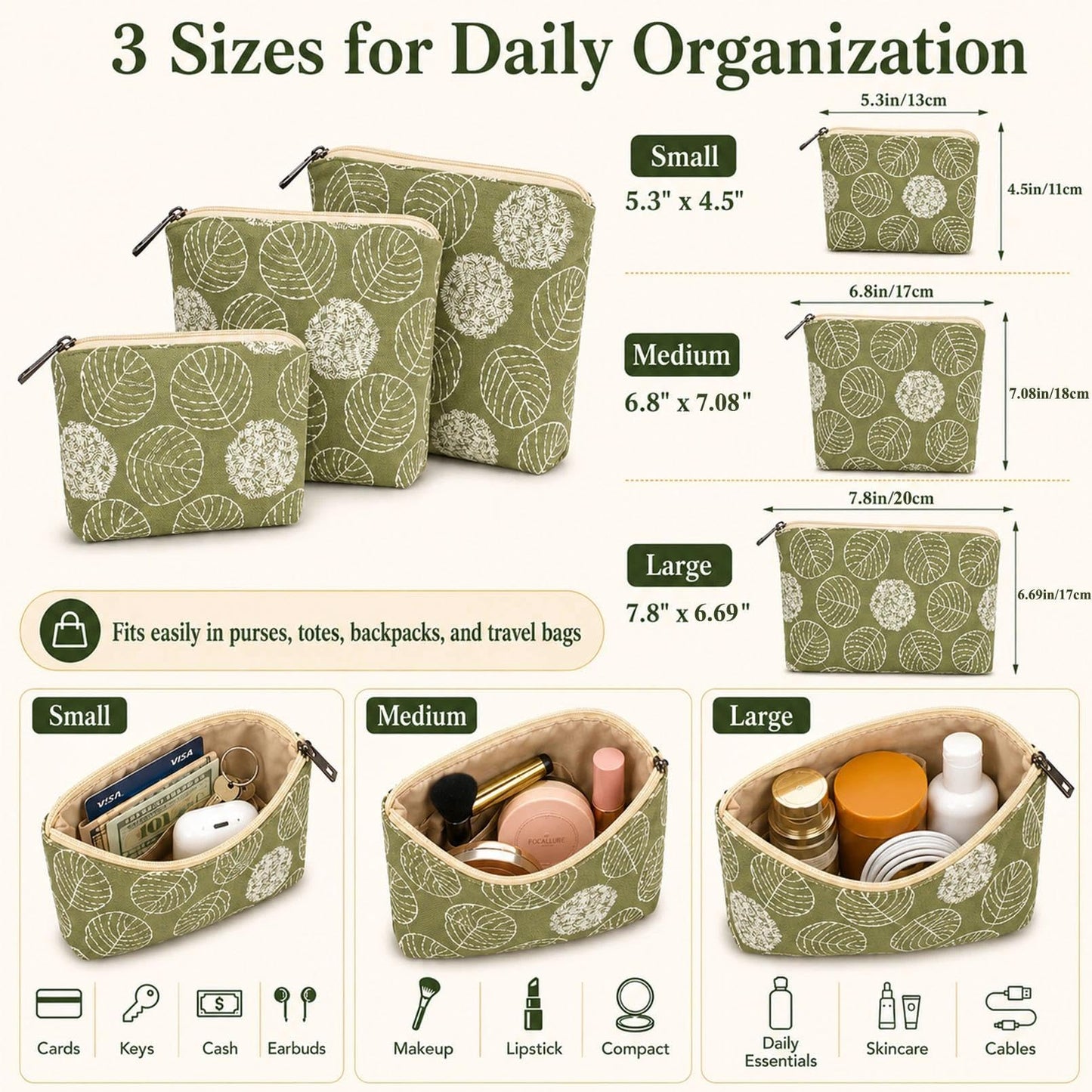 BBORGDC Small Cosmetic Bag Set of 3 for Purse, Green Floral Cotton Makeup Pouch Set, 3 Sizes Zipper Organizer for Travel & Toiletries, Gift for Her Birthday, Bridesmaid & Best Friend