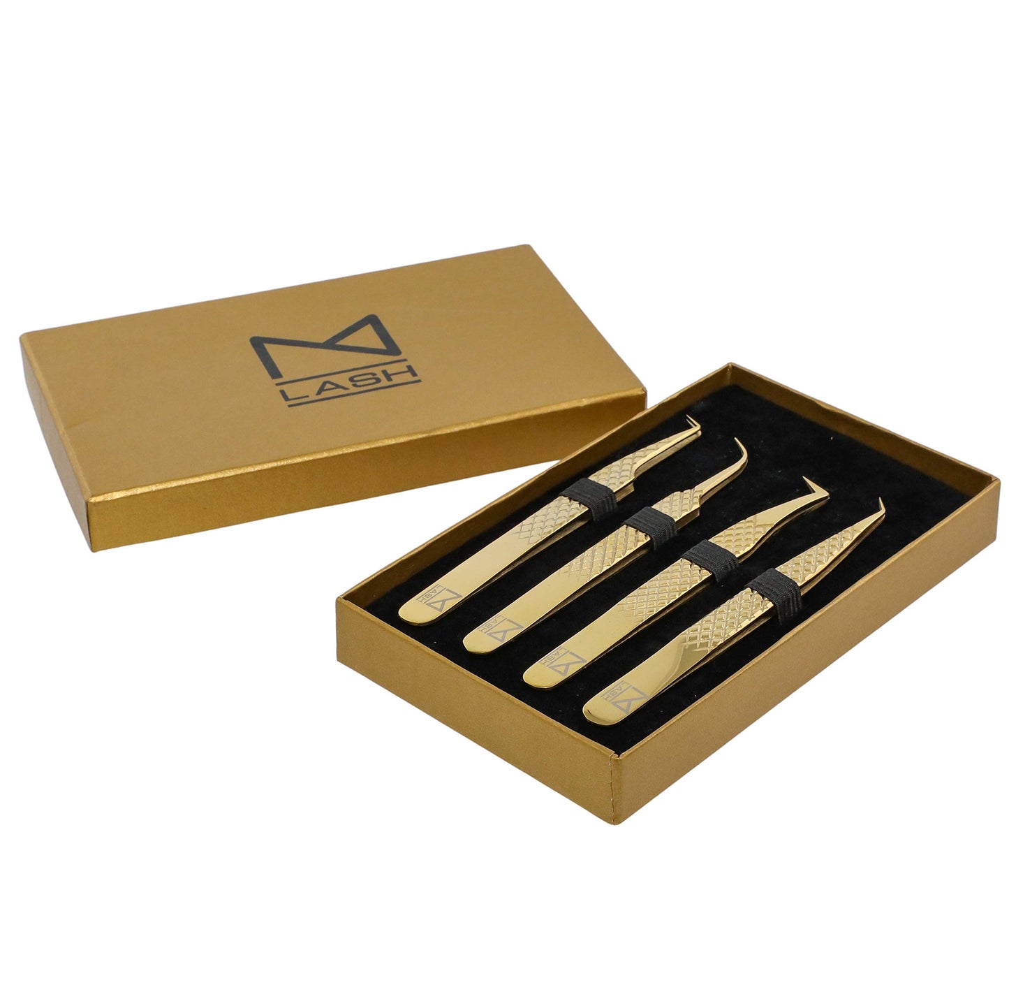M LASH Tweezers for Eyelash Extensions (Set of 4) - Professional Lash Extension Tweezers - Fiber Tip, Japanese Steel, Diamond Grip Eyelash Extension Tweezer (Blue)