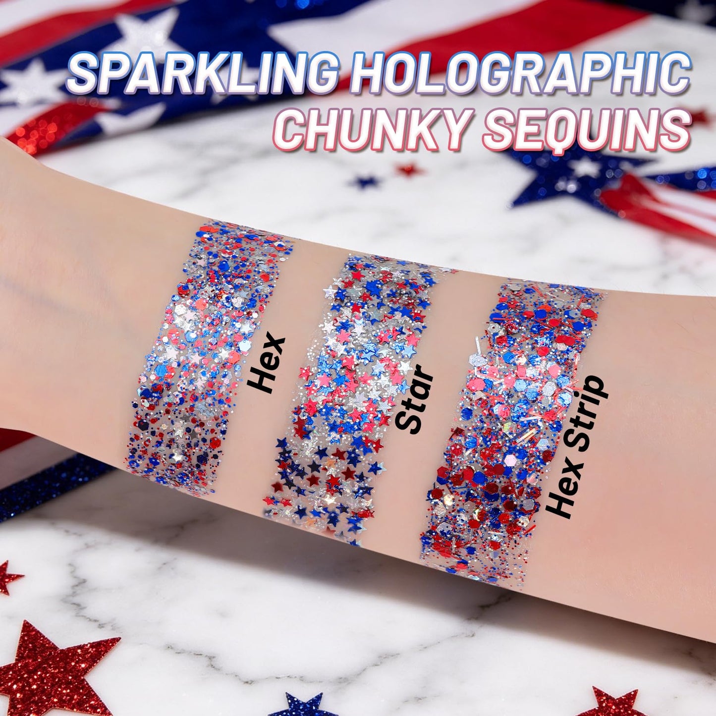 CAHOTO Flag Hexagon Glitter Gel, Red White Blue Hex and White Star, Patriotic Pride USA Flag Sparkling Sequins for Independence Day 4th of July Memorial Day Semiquincentennial 250 Anniversary, 70ml