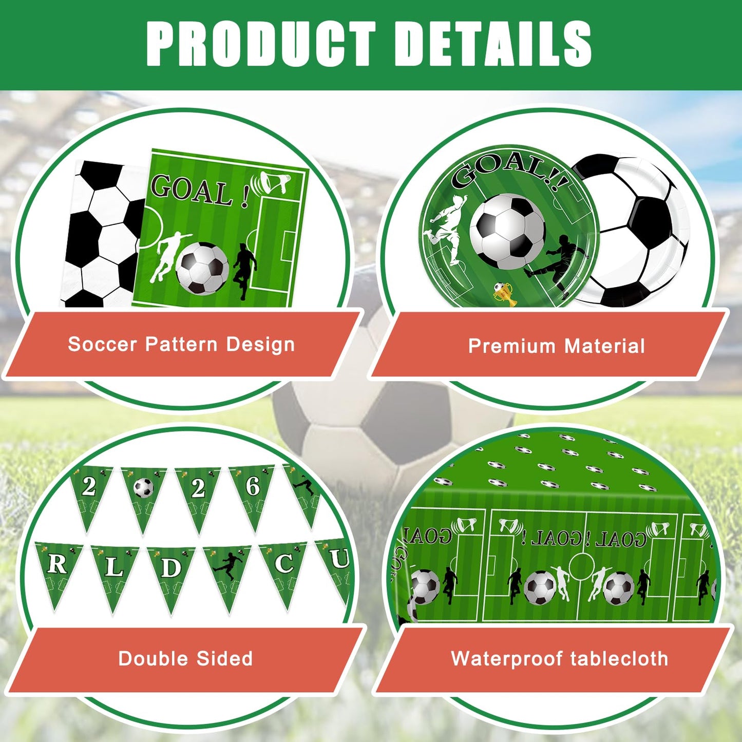 FLUEZE 172 Pcs Soccer Party Decorations, World Cup Party Decorations - Includes Tablecloth, Plate, Cup, Napkin, Banner, Knife, Fork, Spoons for Soccer Party Decorations (Soccer Party)