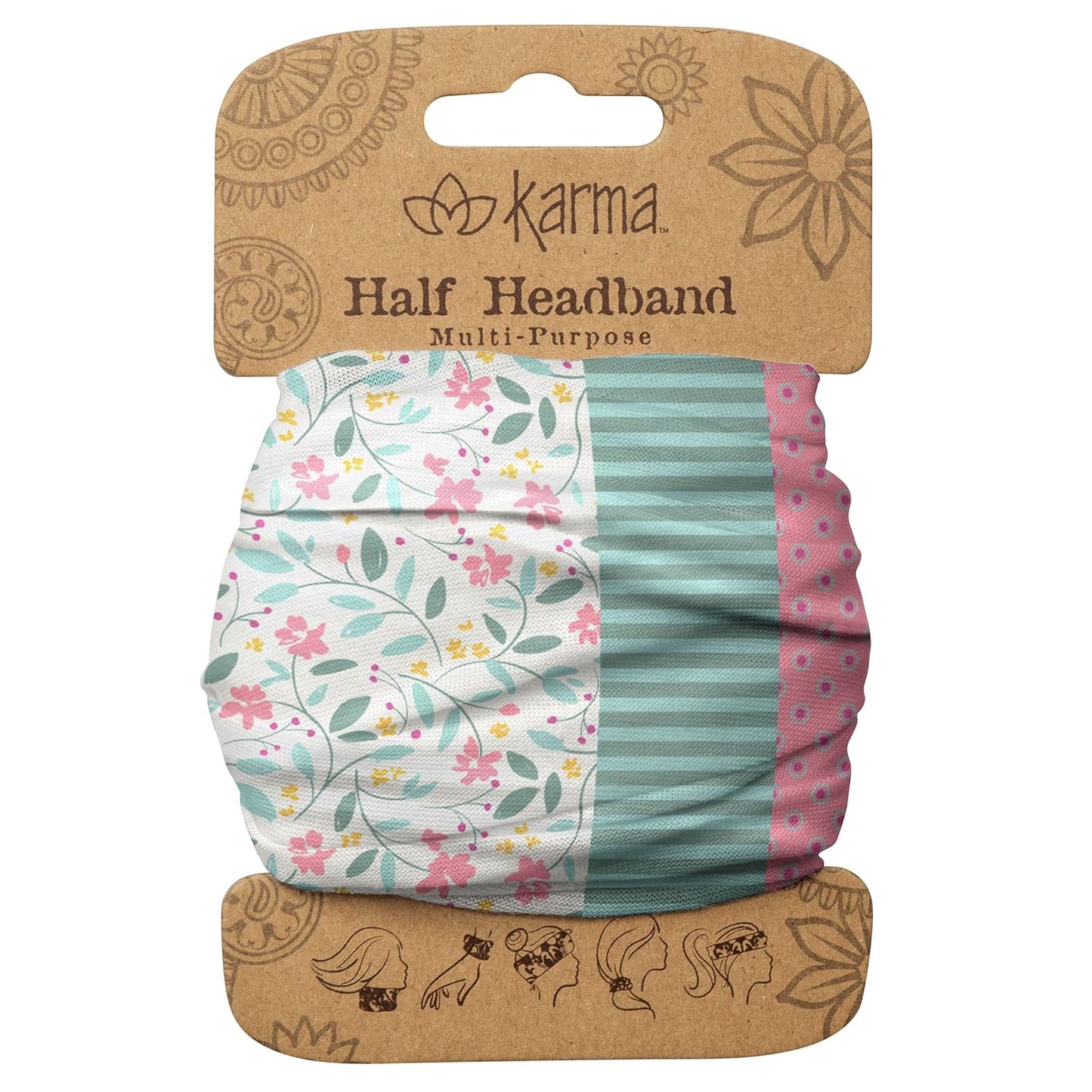 Floral Headband for Women | Stretchy Fabric Hair Scarf - Light Tan & Blue - Medium Size