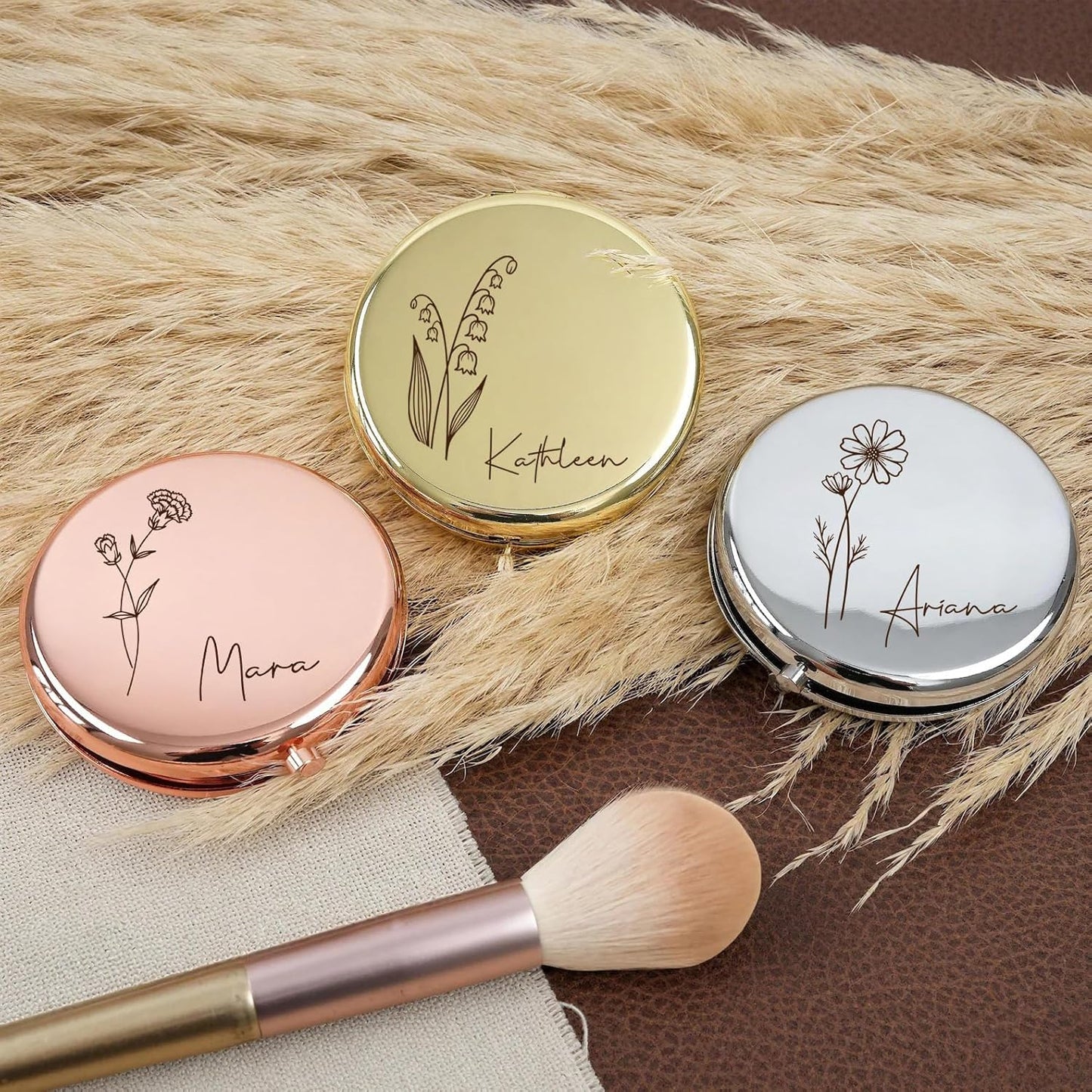 Personalized Travel Mirror - Birth Flower & Name | 2x/1x Magnifying Compact Makeup Gift for Bridesmaid, Mother, Nurse