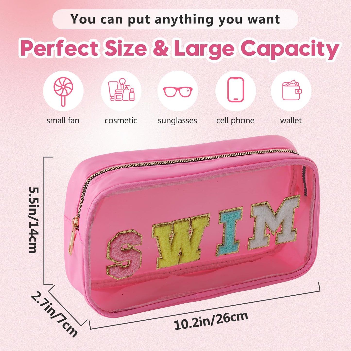 TRIP TIGER Sunscreen SPF Makeup Bag with SWIM Chenille Letters, Waterproof Clear Pink Cosmetic Bags for Women, Sunblock Organizer for Pool, Swim Team, Beach Travel Toiletry Sun Pouch